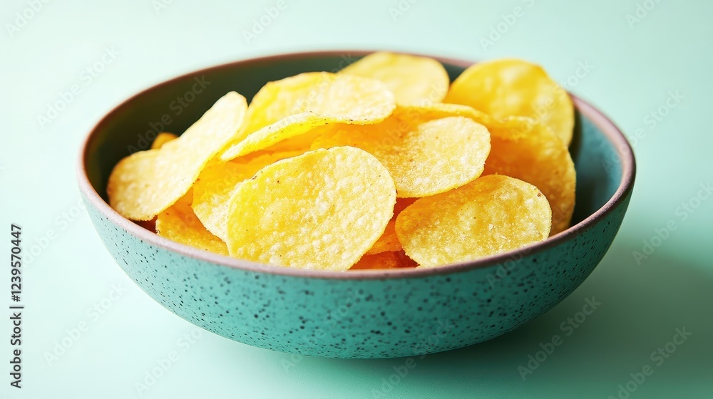 A bowl filled with crispy, golden potato chips rests on a light turquoise surface, inviting snack lovers to indulge. A bowl filled with crispy, golden potato chips rests on a light turquoise surface, inviting snack lovers to indulge.