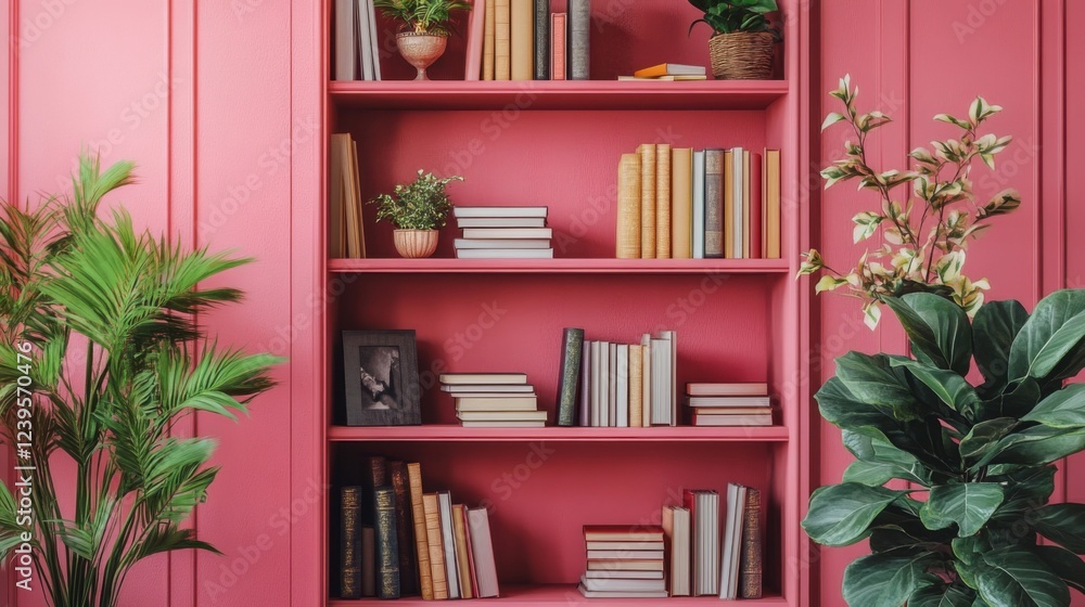 Cozy pink bookshelf with assorted books and indoor plants in a modern home interior Cozy pink bookshelf with assorted books and indoor plants in a modern home interior