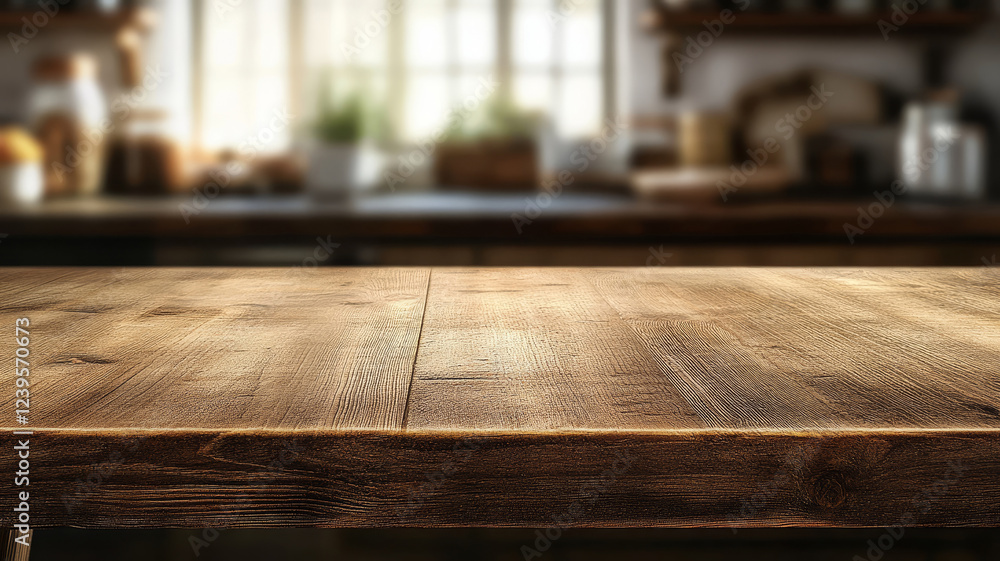 Empty brown wooden table top and blurred defocused modern kitchen interior background with daylight flare, product montage display, template. Empty brown wooden table top and blurred defocused modern kitchen interior background with daylight flare, product montage display, template.