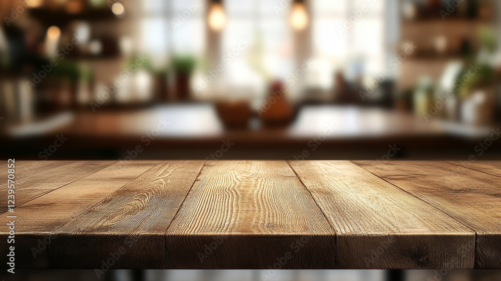Empty brown wooden table top and blurred defocused modern kitchen interior background with daylight flare, product montage display, template. Empty brown wooden table top and blurred defocused modern kitchen interior background with daylight flare, product montage display, template.