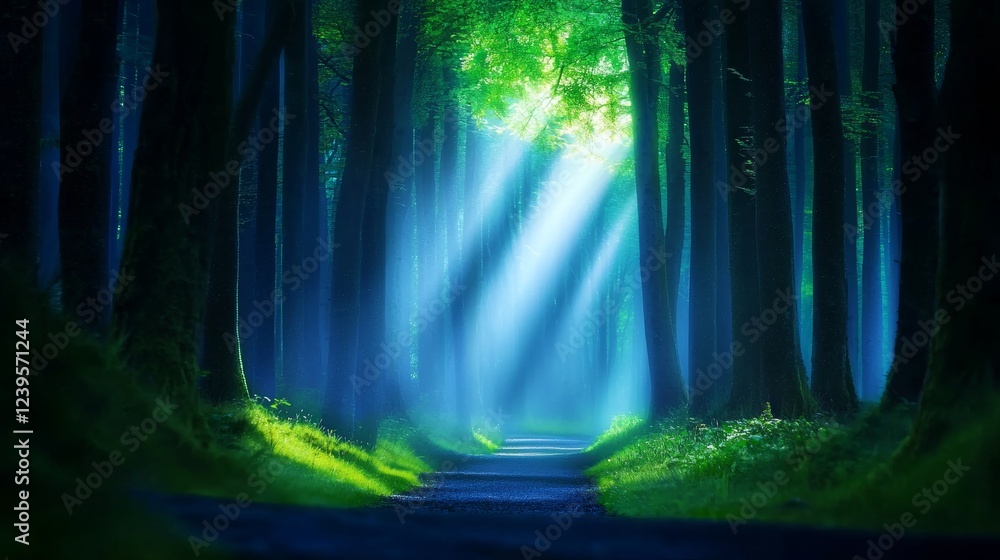 Fototapeta premium A forest path engulfed in a pale morning mist, ethereal light filtering through ancient trees, cinematic composition, high contrast, and moody atmosphere