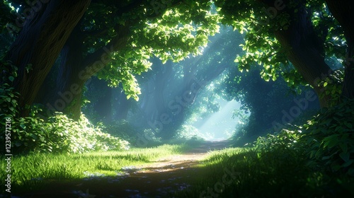 A forest path engulfed in a pale morning mist, ethereal light filtering through ancient trees, cinematic composition, high contrast, and moody atmosphere photo