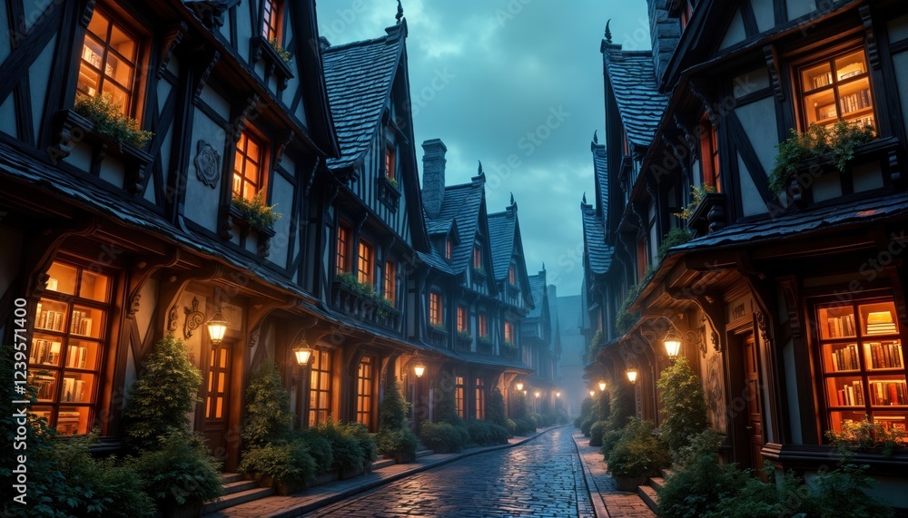 Enchanted night street with glowing windows of antique buildings. Cobbled road leads through fairytale town. Mysterious atmosphere, warm light from windows. Ornate architecture. Romantic, dreamy Enchanted night street with glowing windows of antique buildings. Cobbled road leads through fairytale town. Mysterious atmosphere, warm light from windows. Ornate architecture. Romantic, dreamy