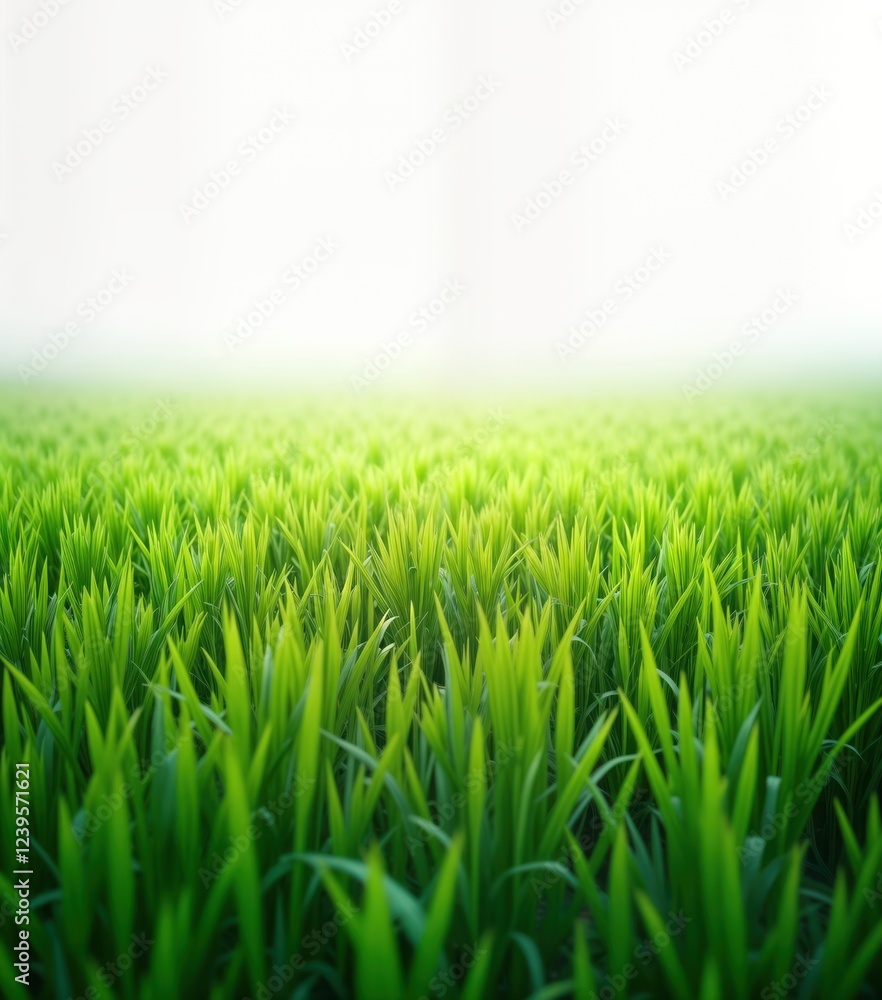 Fototapeta premium Fresh green grass field stretches horizontally against white background. Vibrant green grass blades create natural pattern. Image suitable for spring summer. Natural beauty of lawn meadow. Perfect