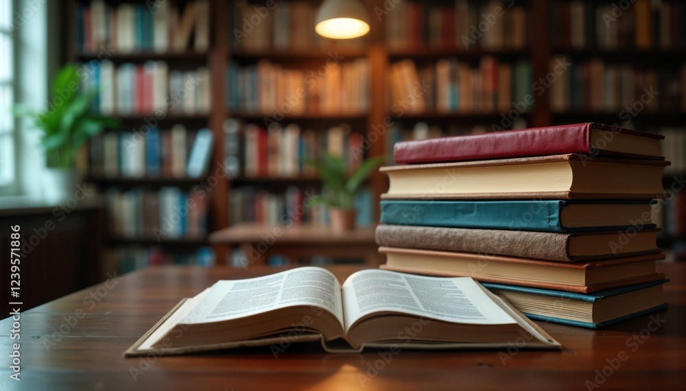 Open book rests on wooden table in a library filled with books. Many books are stacked neatly on a table. Study atmosphere. Knowledge and education concept. Open book rests on wooden table in a library filled with books. Many books are stacked neatly on a table. Study atmosphere. Knowledge and education concept.
