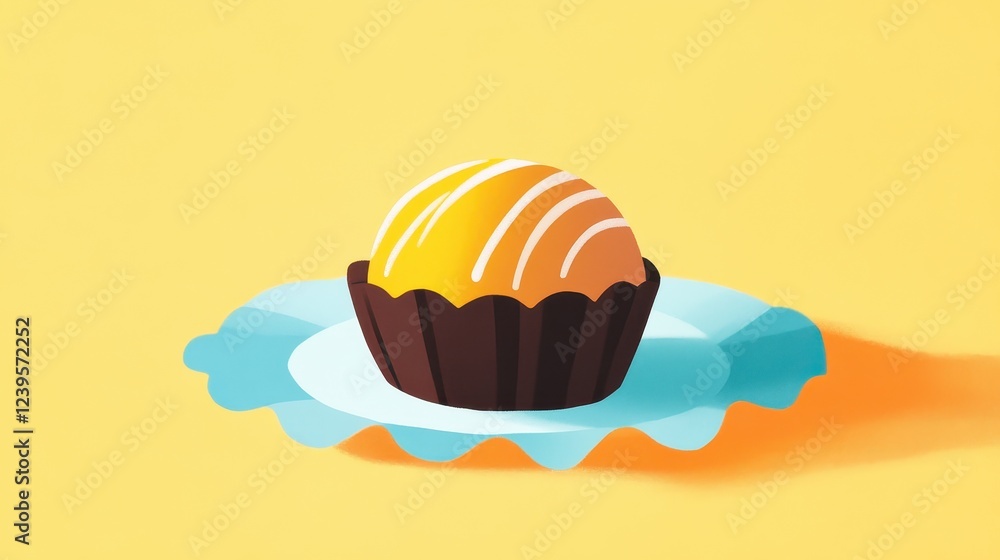 Fototapeta premium A vibrant illustration of a round dessert on a decorative plate against a bright yellow background, showcasing a delightful confectionery treat.