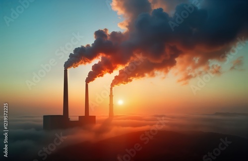 Aerial view of coal power plant emitting dark smoke at sunset. Large smokestacks release pollution above foggy landscape. Industrial facility pollutes atmosphere. Sunset colors contrast with dark photo