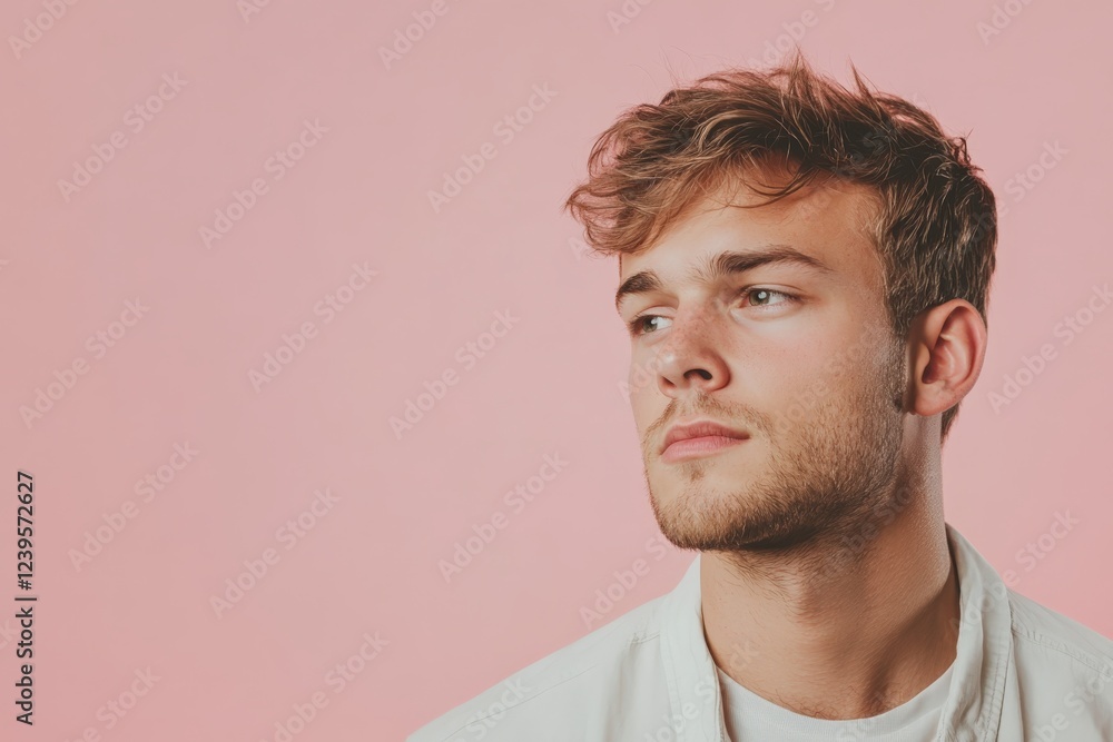 Fototapeta premium Thoughtful Young Man with Stylish Hair Against a Soft Pink Background
