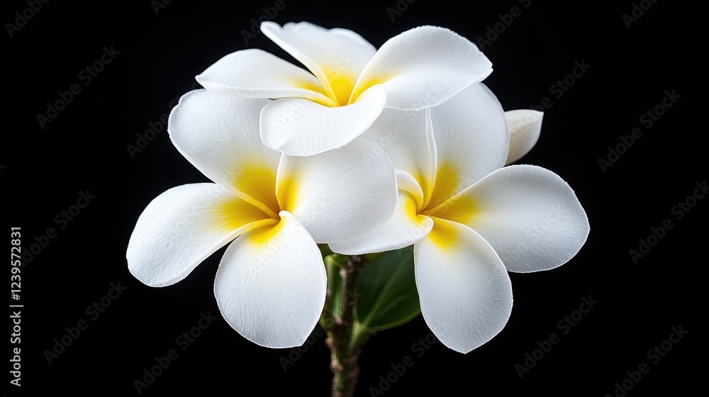 Fototapeta premium White Plumeria flowers, close-up, black background, spa, relaxation