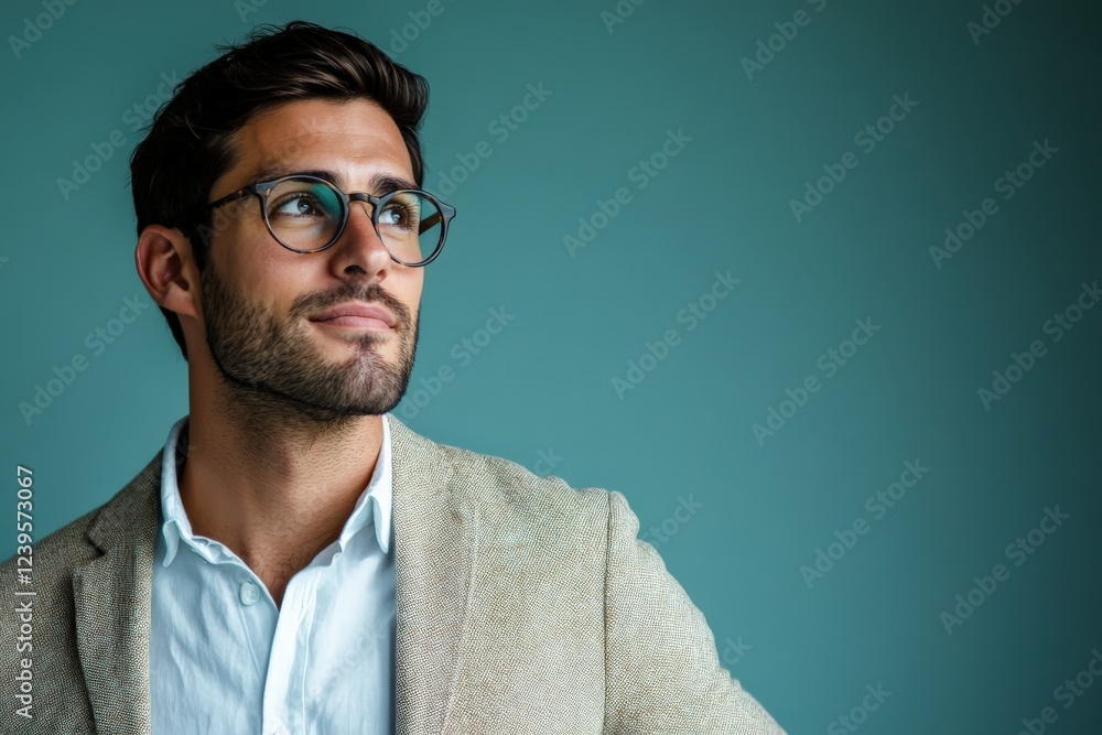 Obraz premium Confident Young Man in Stylish Attire Against a Teal Background