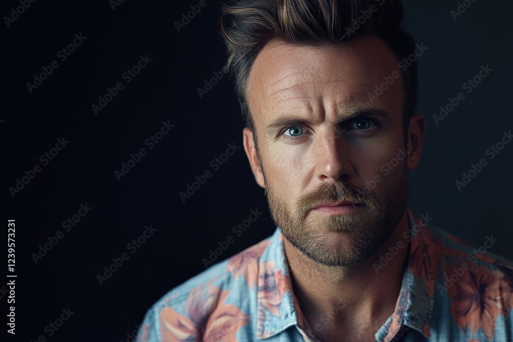Intense Portrait of a Man with Floral Shirt Against Dark Background Intense Portrait of a Man with Floral Shirt Against Dark Background