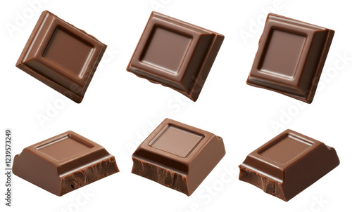 Six pieces of milk chocolate in different orientations showing smooth and broken textures