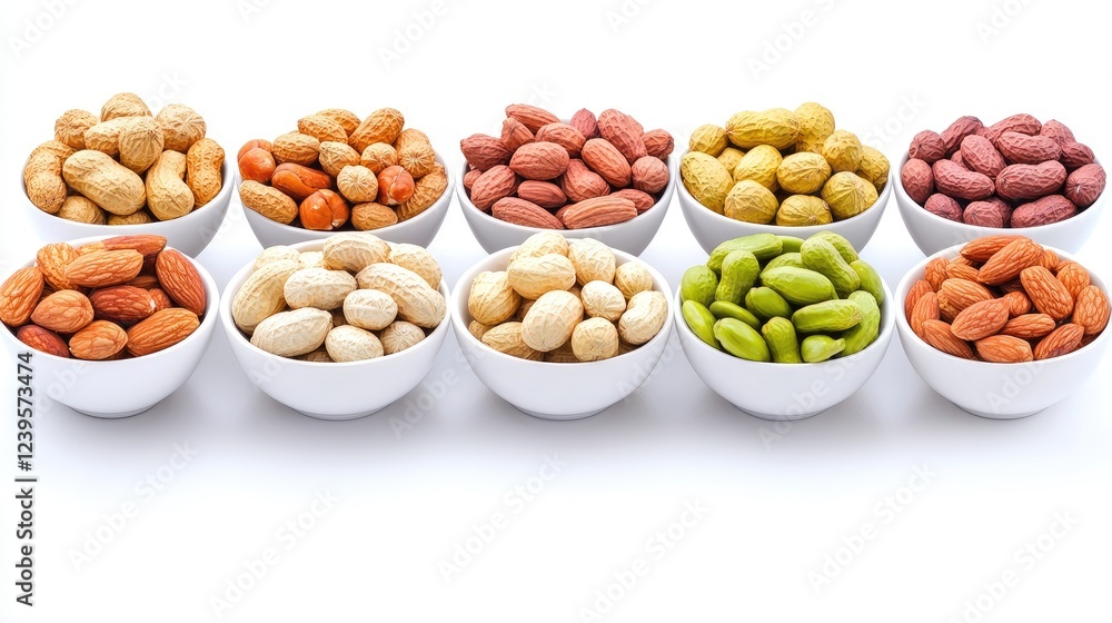 Assorted Nuts in Bowls, White Background, Healthy Snack Assorted Nuts in Bowls, White Background, Healthy Snack