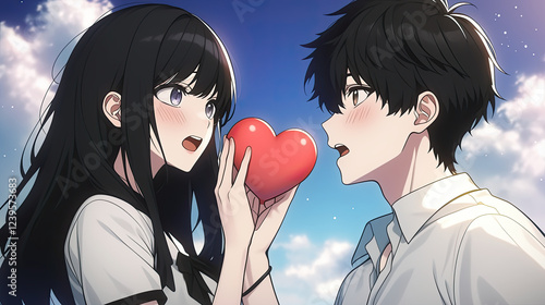 Two anime characters facing each other with expressive features in a colorful dynamic setting showcasing emotions and interactions between them photo