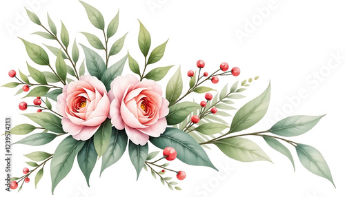 Floral arrangement with pink roses and green leaves