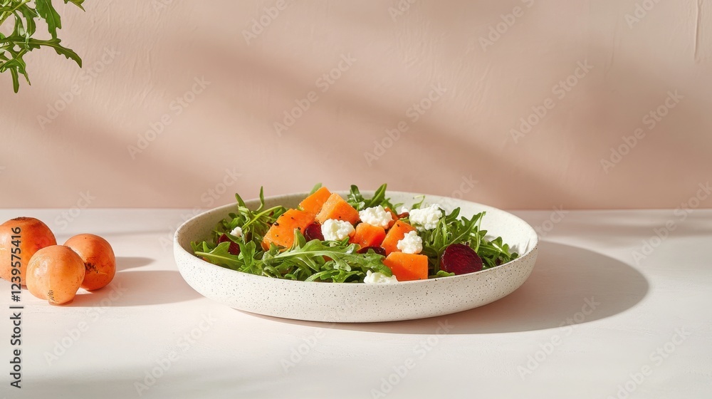 Fresh arugula and beetroot salad with goat cheese and persimmons on a ceramic plate Fresh arugula and beetroot salad with goat cheese and persimmons on a ceramic plate