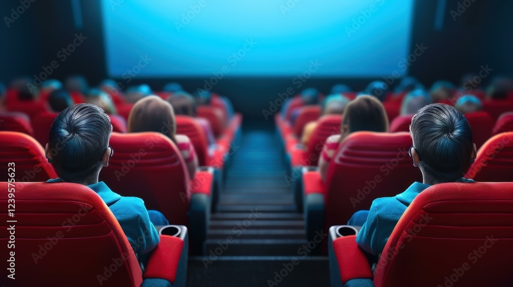 Audience immersed in film, basking in the glow of the screen, capturing the essence of cinema magic. Audience immersed in film, basking in the glow of the screen, capturing the essence of cinema magic.