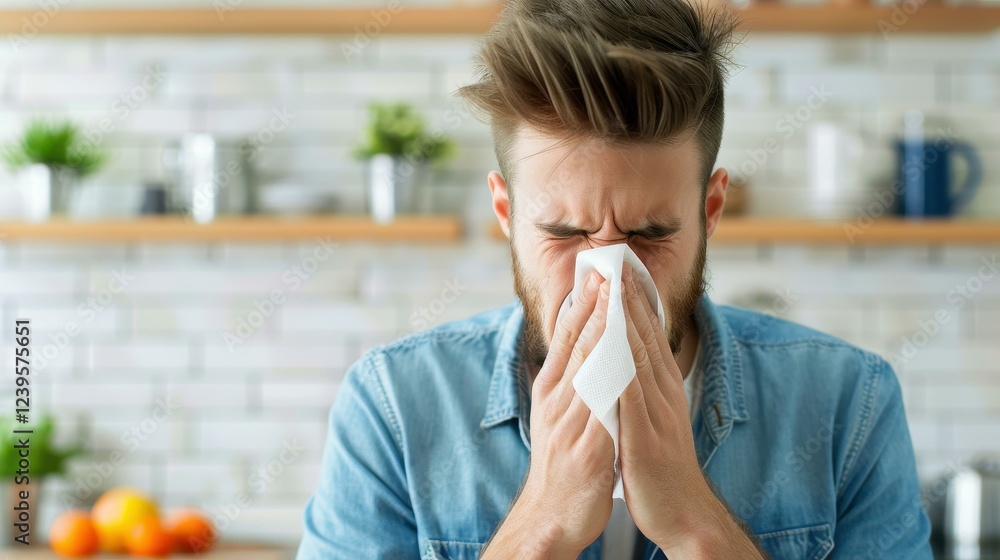 A man sneezes into a napkin at home, battling spring allergies with cat dander nearby, feeling the seasonal struggle grow. A man sneezes into a napkin at home, battling spring allergies with cat dander nearby, feeling the seasonal struggle grow.