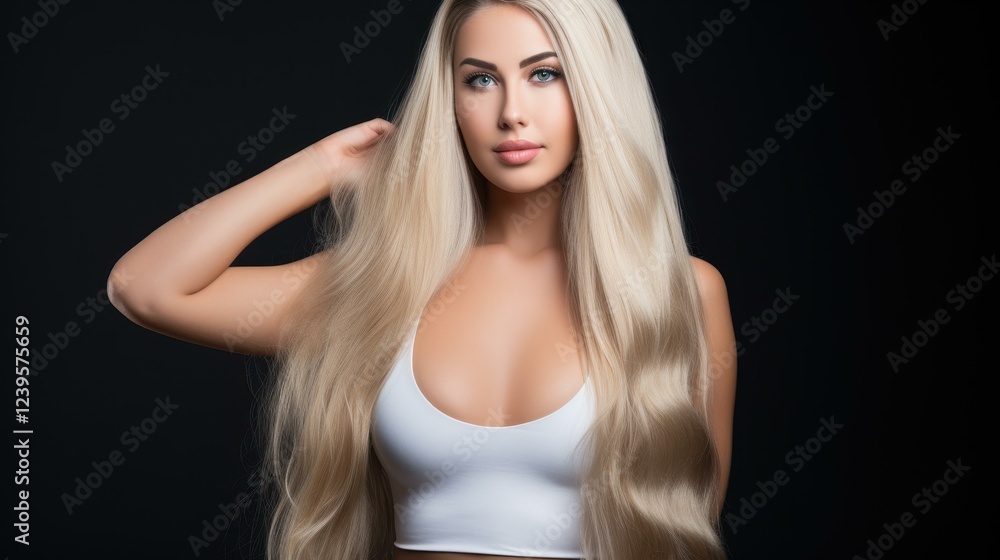 A striking portrait of a goldenhaired beauty showcasing her long, luscious locks and radiant smile. A striking portrait of a goldenhaired beauty showcasing her long, luscious locks and radiant smile.