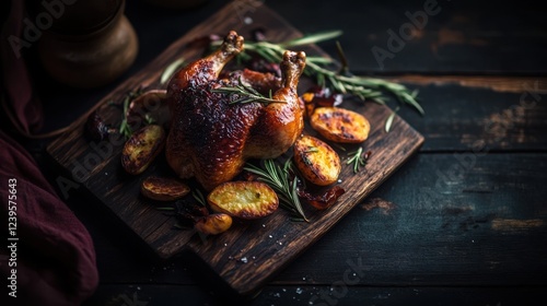 Rustic roasted chicken with rosemary and potatoes on wooden platter for culinary inspiration photo