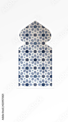 Moving traditional arabic pattern with ornamental geometric stars, arabesque through white decorative mosque window. White background. Vertical Ramadan, Eid ul Adha animation, loopable Islamic design.