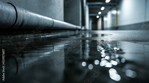 An old basement pipe ruptures, flooding the concrete floor with murky water, symbolizing the need for immediate plumbing intervention. photo