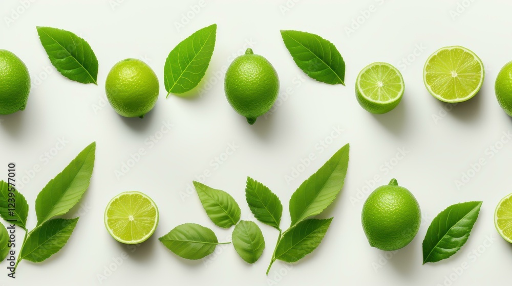 Bright lime slices and fresh green leaves showcase vibrant colors, perfect for cocktails or garnishing dishes. Natures refreshing zest Bright lime slices and fresh green leaves showcase vibrant colors, perfect for cocktails or garnishing dishes. Natures refreshing zest
