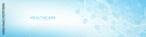 Modern health care or medical background design. Health care innovation concept. Horizontal header web banner. Abstract geometric background with hexagon shapes for medicine, science, chemistry.