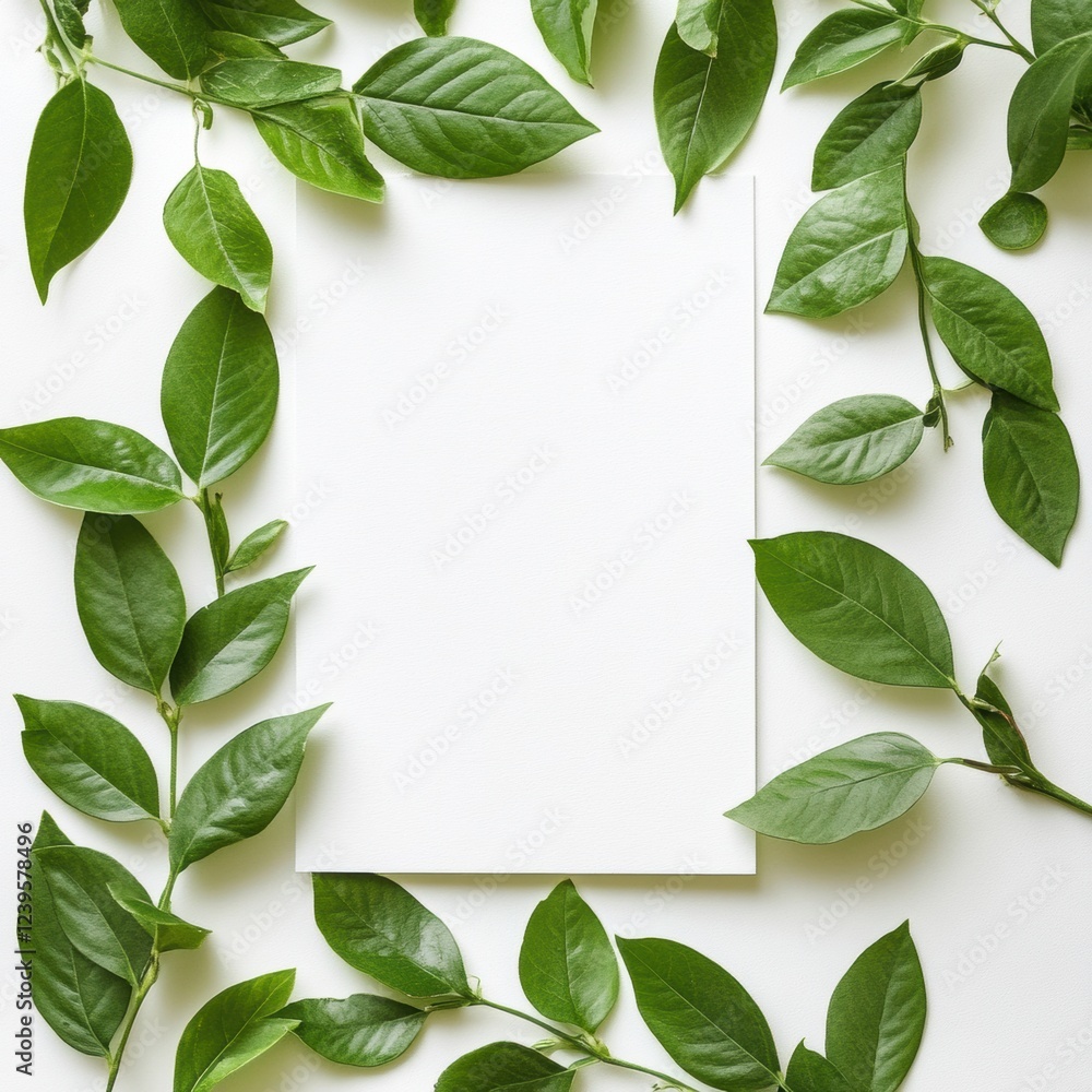Naklejka premium Fresh green leaves surround a blank page on a white background for creative design inspiration and nature themes. Generative AI