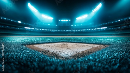Focused shot of the home plate, with scuffed marks on the dirt, glowing softly in the stadiums artificial light, quiet baseball night concept