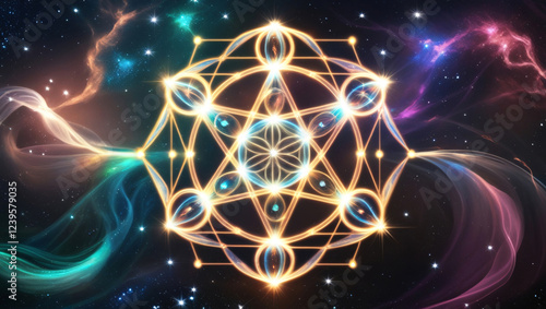 A luminous, intricate glowing sacred geometry composition featuring the Flower of Life, Metatron's Cube, and Merkaba