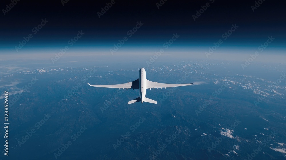 Naklejka premium Airplane flying above Earth, mountains below, travel concept