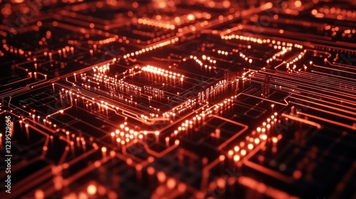 Intricate glowing red circuitry pattern resembling a technological network