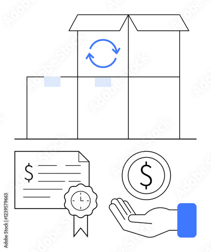 Stack of boxes with arrows indicating movement, certificate with clock seal, hand holding dollar coin. Ideal for logistics, deliveries, financial transactions, e-commerce, certification, timely