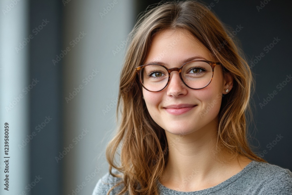 Obraz premium Smiling young woman with glasses in a cozy indoor setting during daytime. Generative AI