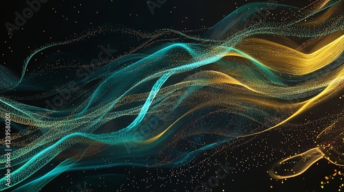 Elegant Abstract Background with Flowing Golden and Turquoise Lines and Particles