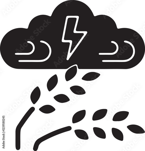 An illustration of a stormy cloud with lightning and strong winds deceiving a plant