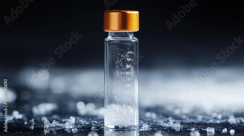 A closeup view of a transparent vial containing a sample showcasing the intricate labeling system that identifies various biological specimens beneath a soft sterile light that accentuates photo