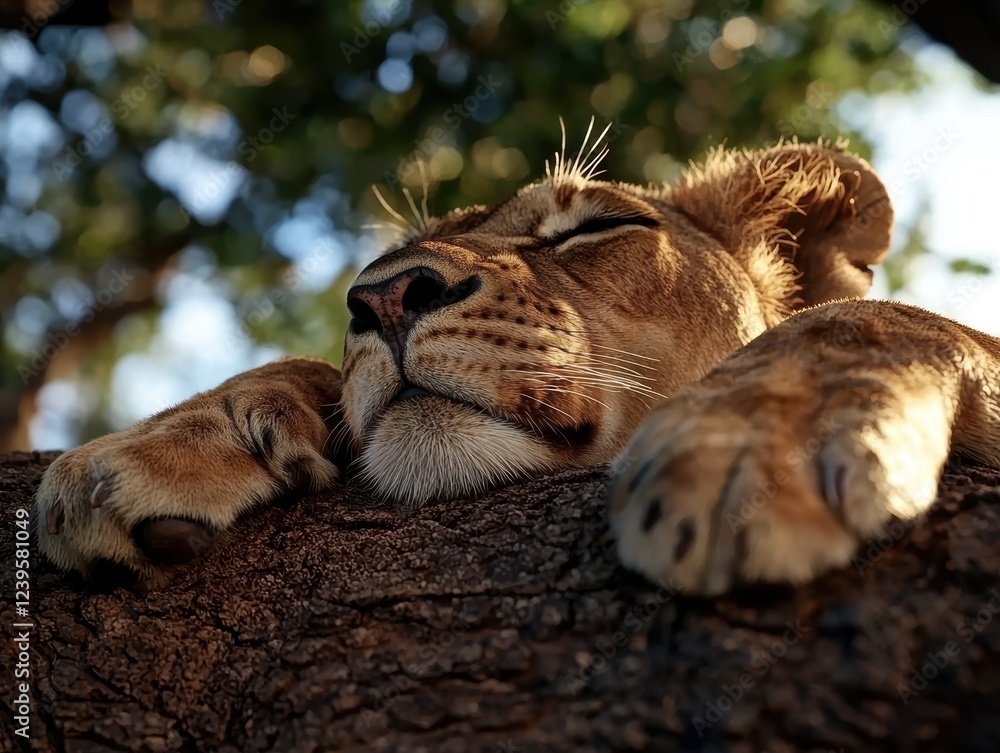 Naklejka premium Lion cub sleeping peacefully on a tree branch