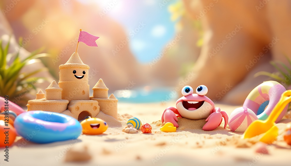 Obraz premium Playful Crab and Sandcastle at the Beach