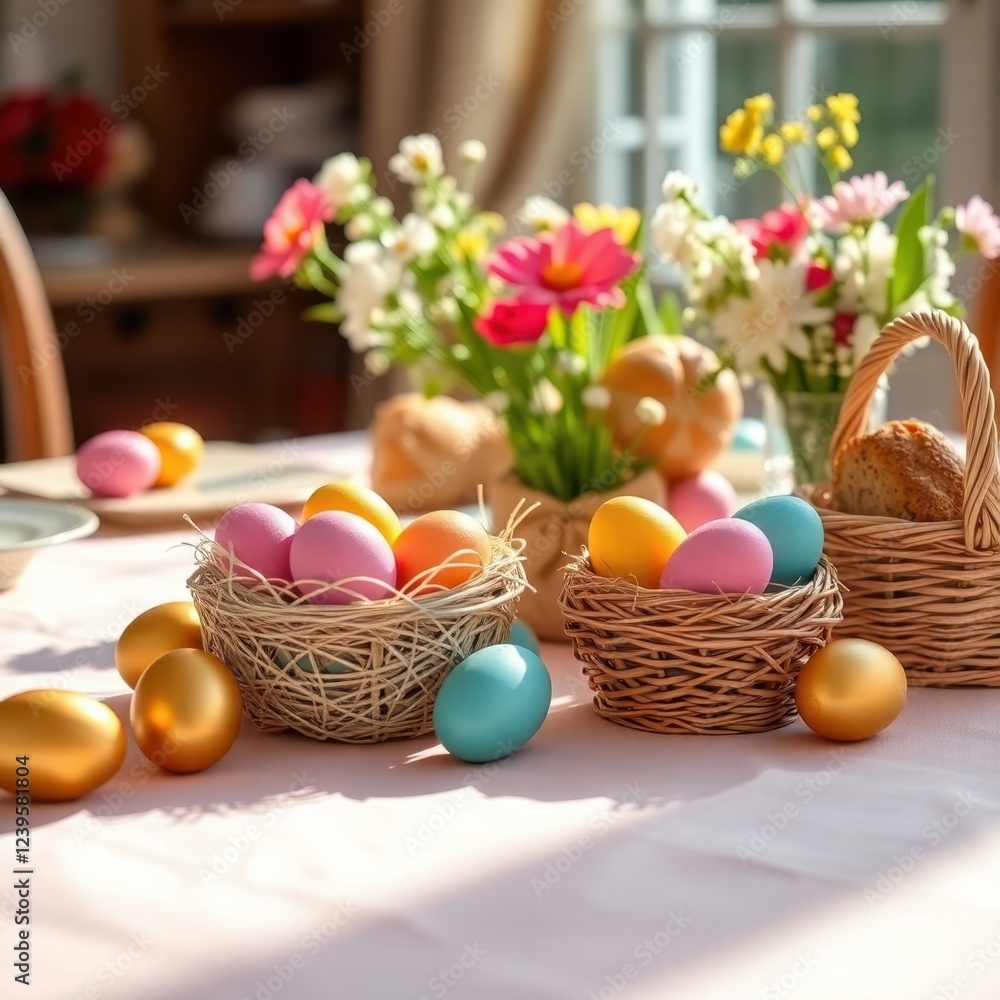 Colorful Easter eggs displayed on a table with blooming flowers and freshly baked bread in a warm, inviting setting Colorful Easter eggs displayed on a table with blooming flowers and freshly baked bread in a warm, inviting setting