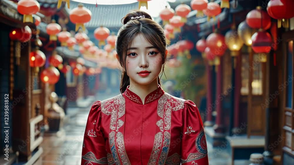 Striking figure of a woman in red dress on a street, showcasing poise and style, Ai Generated Striking figure of a woman in red dress on a street, showcasing poise and style, Ai Generated