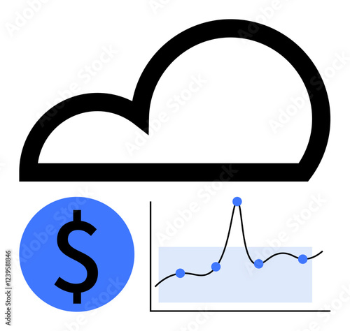 Cloud shape above graph with fluctuating line blue dots and dollar symbol. Ideal for finance, data analytics, cloud computing, market trends, economic growth, business strategy, investment. Line