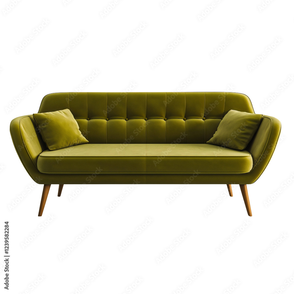 Fototapeta premium Elegant Olive Green Sofa with Wooden Legs on White Background for Modern Living Room Decor isolated