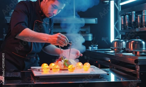 Innovative molecular gastronomy chef carefully plating a futuristic dish with dramatic smoke effects and glowing spherical elements in a high-tech gourmet kitchen