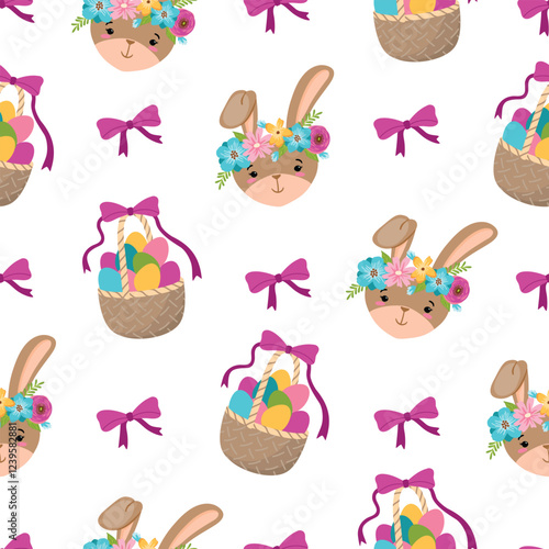 Easter seamless pattern with rabbit ,basket , eggs. Cute characters decorated with floral wreath. White background with bow. Colorful designs for textile,wallpaper,cover. Vector illustration.