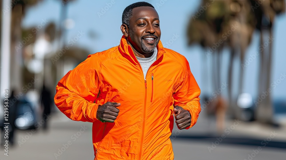 Fototapeta premium Happy Man Jogging Outdoors Wearing Orange Jacket