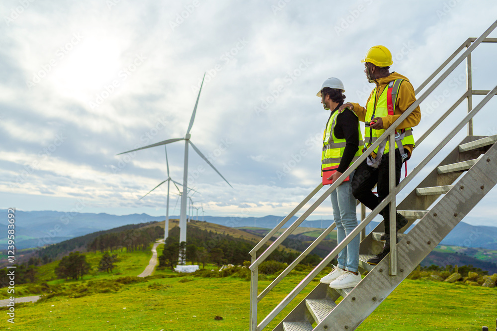 Two engineers standing on metal stairs, discussing maintenance of wind turbines in a green, mountainous landscape Two engineers standing on metal stairs, discussing maintenance of wind turbines in a green, mountainous landscape