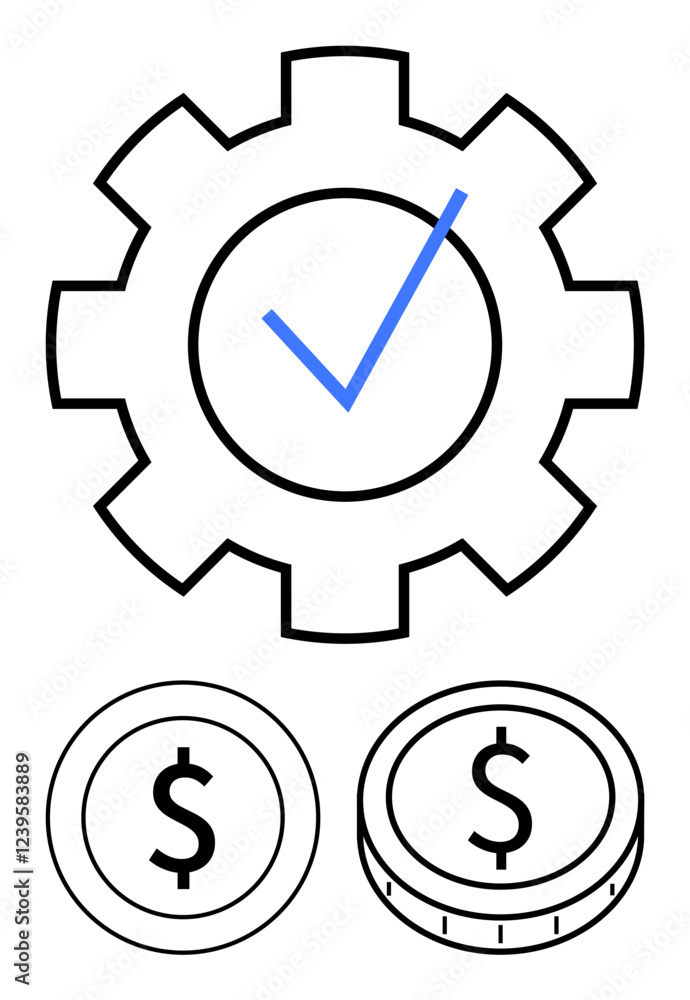 Gear with checkmark and dollar coins symbolizing financial management, workflow optimization, and success. Ideal for business, finance, productivity, goals, operations, cost-saving abstract line Gear with checkmark and dollar coins symbolizing financial management, workflow optimization, and success. Ideal for business, finance, productivity, goals, operations, cost-saving abstract line
