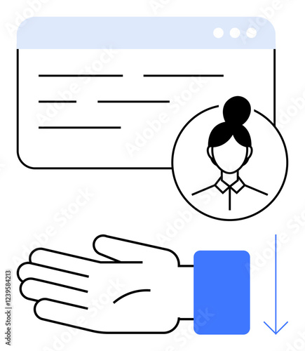 Webpage window, user profile avatar, hand gesture, and downward arrow. Ideal for web design, user interface, online profiles, loading navigation guidance user experience. Line metaphor